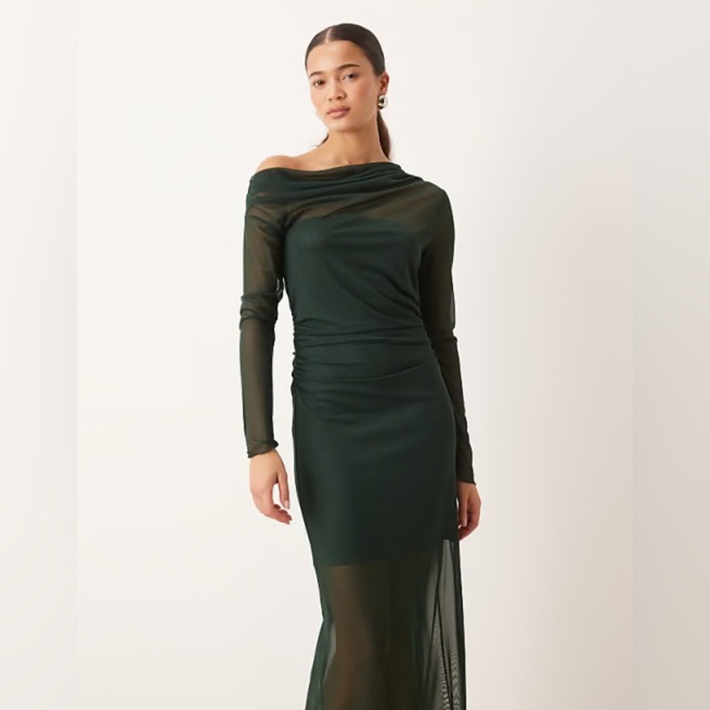 Mango Aitana Asymmetric Neck Semisheer  Midi Dress Size 8 Forest Green